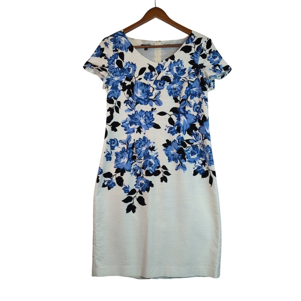 Talbots Womens Sz 8 White Blue Floral Cotton Blend V-Neck Office Professional